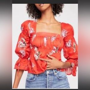 Free People Cherish The Light Floral Blouse Red Sz Small